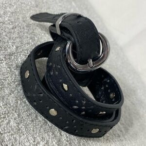5/$25 Vintage Black Faux Leather Belt with Silver Tone Hardware & Flower Cutouts